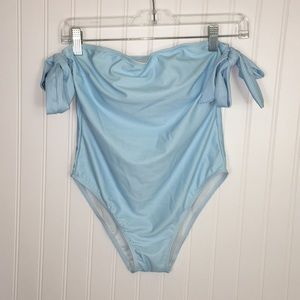 Blue and white striped one piece swimsuit. Medium